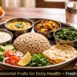 Role of balanced meals in immunity support shown through a complete Indian thali with rice, dal, vegetables, curd, and fruits.