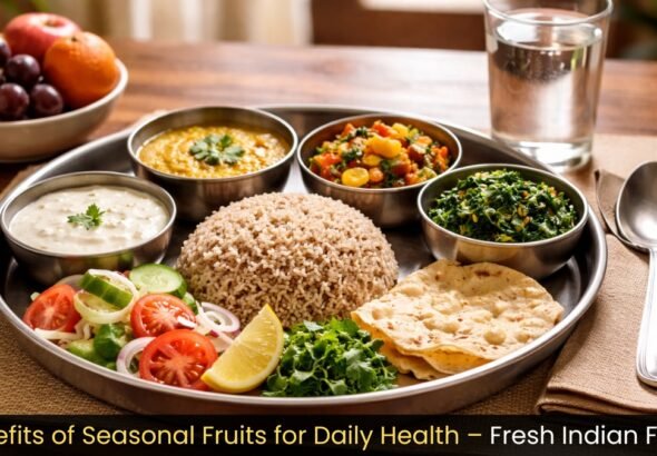 Role of balanced meals in immunity support shown through a complete Indian thali with rice, dal, vegetables, curd, and fruits.