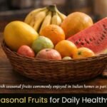 seasonal fruits daily arranged in a basket including mango guava banana and papaya
