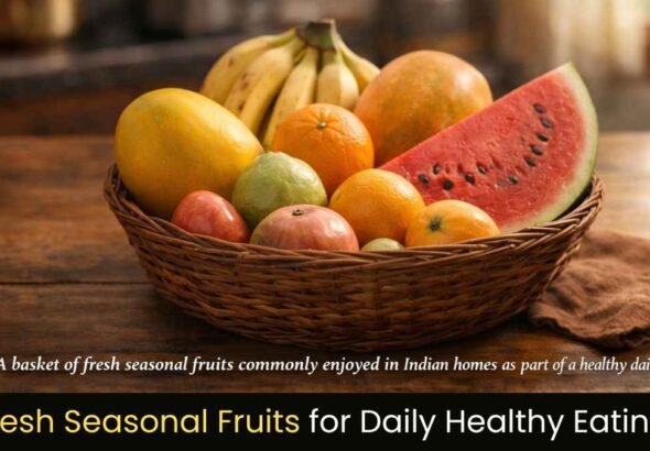 seasonal fruits daily arranged in a basket including mango guava banana and papaya