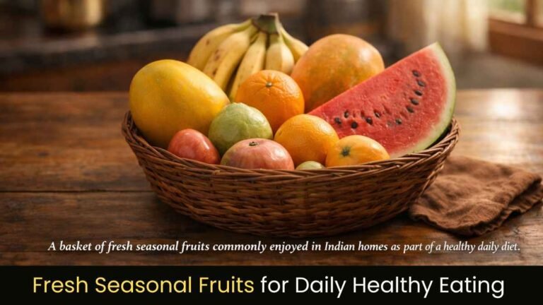 seasonal fruits daily arranged in a basket including mango guava banana and papaya