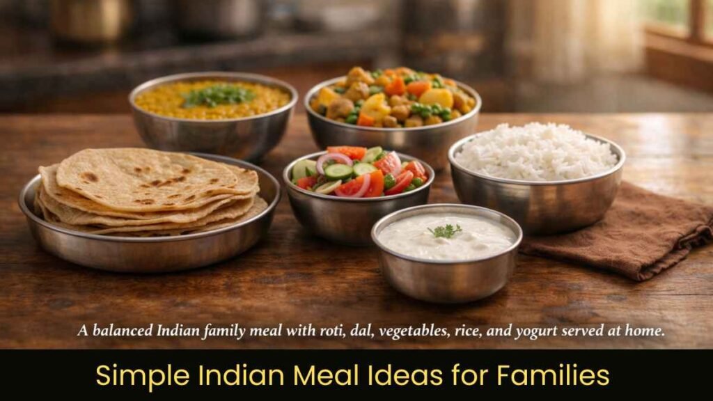 simple Indian meal ideas showing roti dal rice and vegetable curry on a dining table