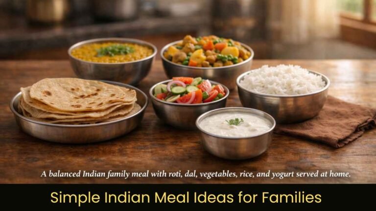 simple Indian meal ideas showing roti dal rice and vegetable curry on a dining table