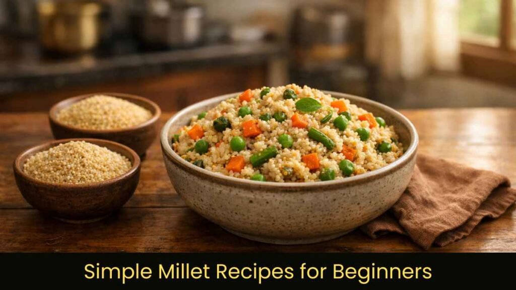 simple millet recipes showing vegetable millet upma served in a bowl