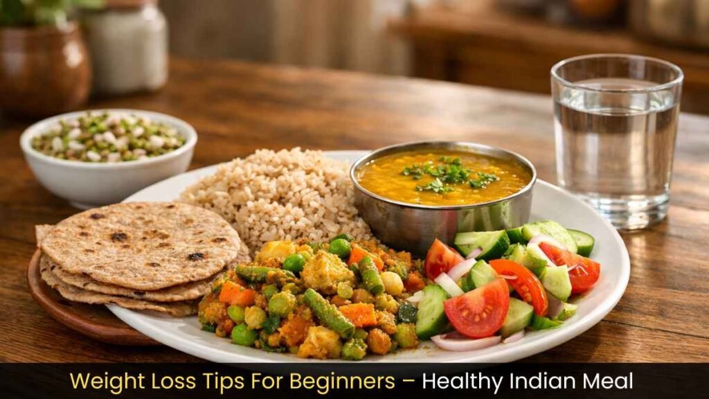 Weight loss tips for beginners shown through a healthy Indian meal with brown rice, dal, vegetables, sprouts, and multigrain roti.